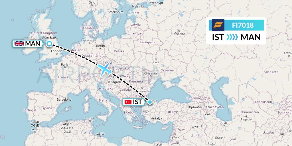 FI7018 Icelandair Flight Map: Istanbul to Manchester