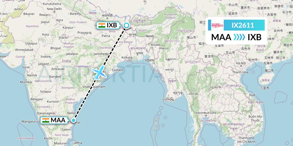 IX2611 Air India Express Flight Map: Chennai to Siliguri
