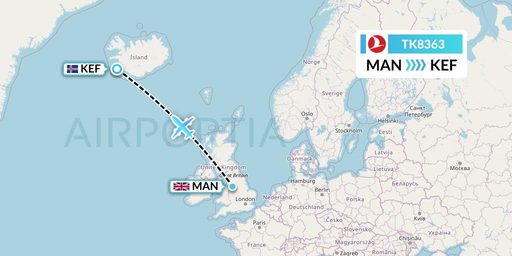 TK8363 Turkish Airlines Flight Map: Manchester to Reykjavik