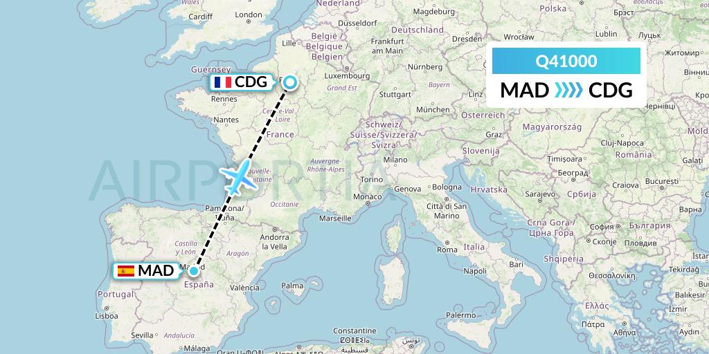 Q41000 Euroairlines Flight Map: Madrid to Paris