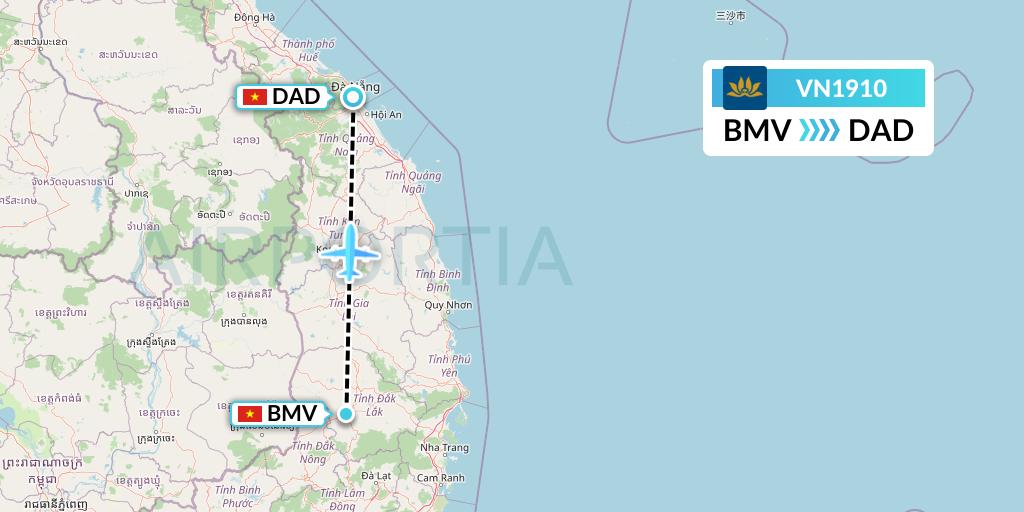 VN1910 Vietnam Airlines Flight Map: Buon Ma Thuot to Da Nang