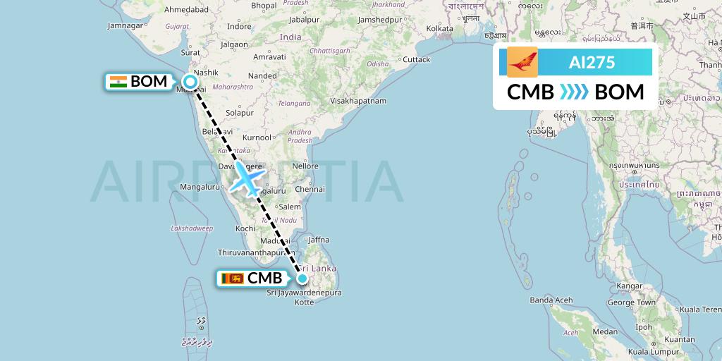 AI275 Air India Flight Map: Colombo to Mumbai