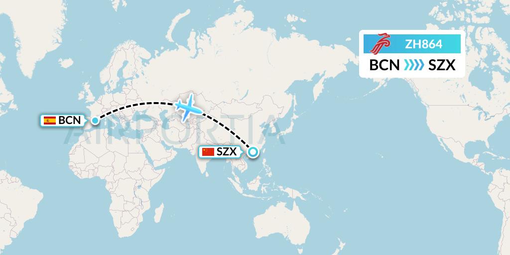 ZH864 Shenzhen Airlines Flight Map: Barcelona to Shenzhen