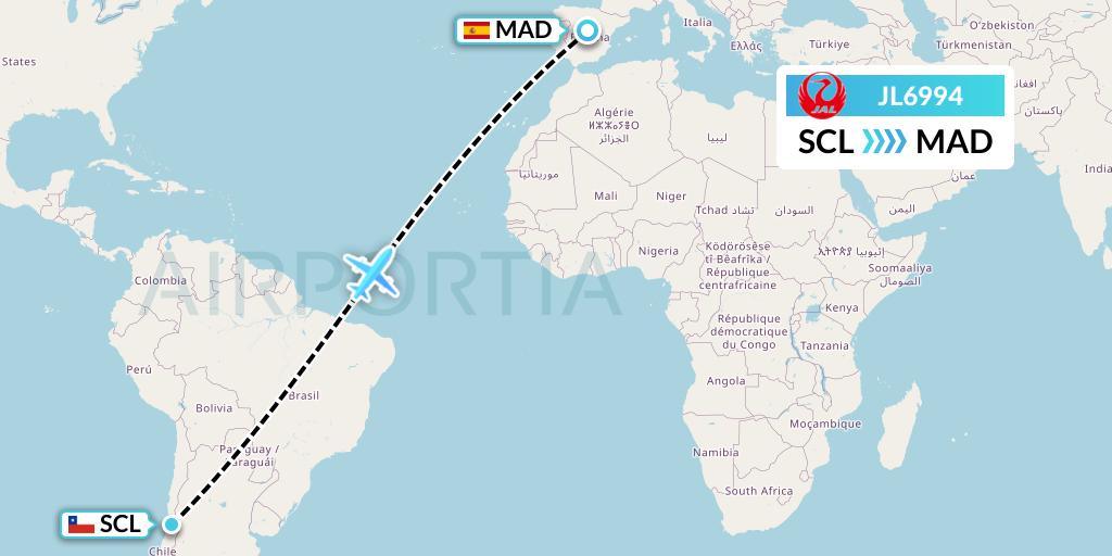 JL6994 Japan Airlines Flight Map: Santiago to Madrid