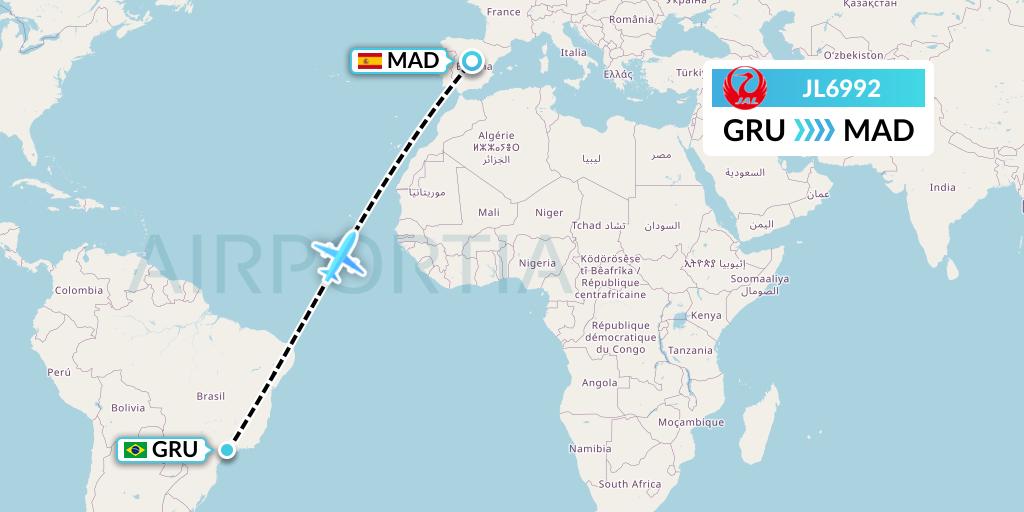 JL6992 Japan Airlines Flight Map: Sao Paulo to Madrid