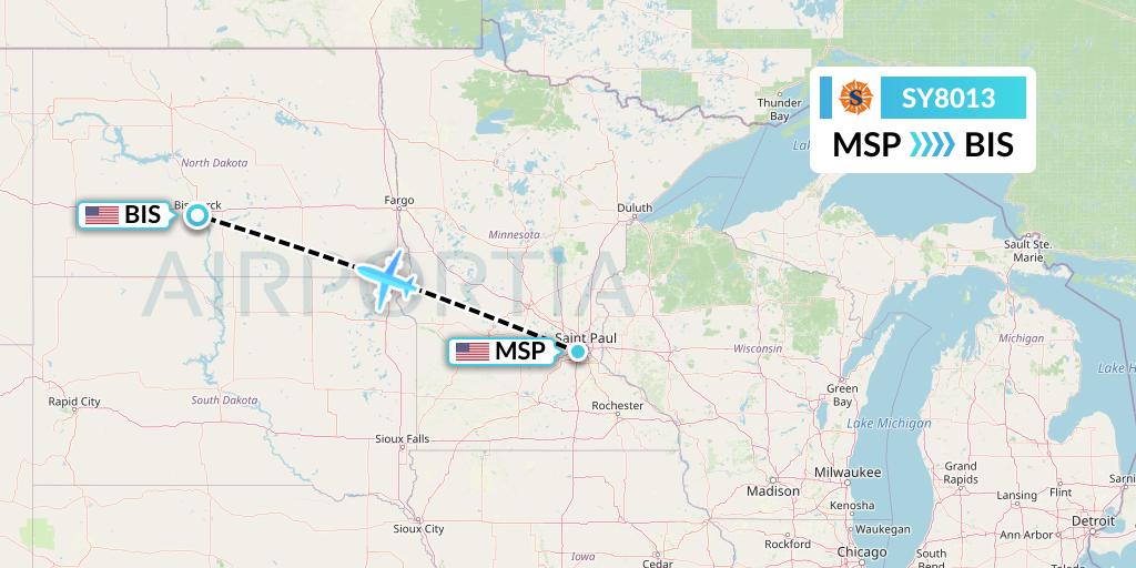 SY8013 Sun Country Airlines Flight Map: Minneapolis to Bismarck