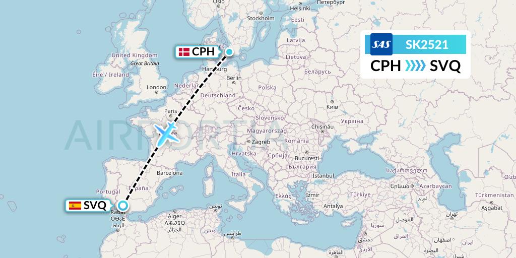SK2521 SAS Flight Map: Copenhagen to Seville