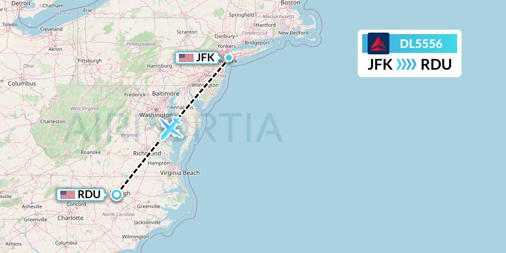 DL5556 Delta Air Lines Flight Map: New York to Raleigh-Durham