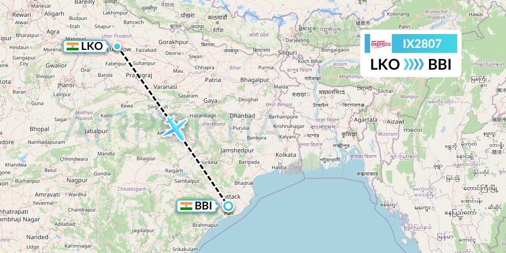 IX2807 Air India Express Flight Map: Lucknow to Bhubaneswar