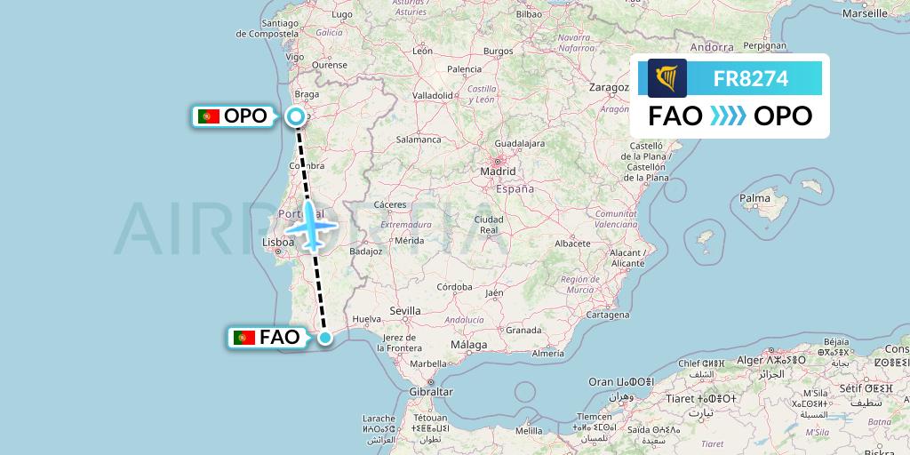 FR8274 Ryanair Flight Map: Faro to Porto