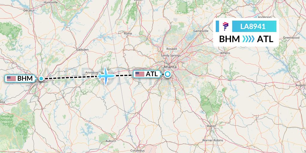 LA8941 LAN Airlines Flight Map: Birmingham to Atlanta