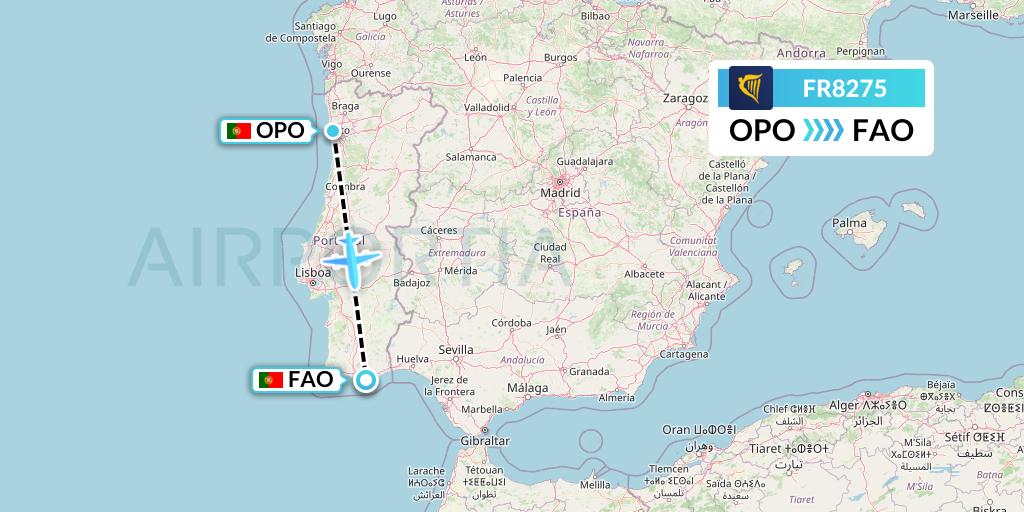 FR8275 Ryanair Flight Map: Porto to Faro