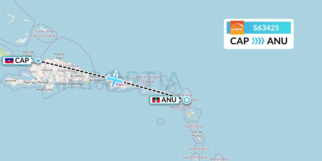 S63425 Sunrise Airways Flight Map: Cap-Haitien to Antigua