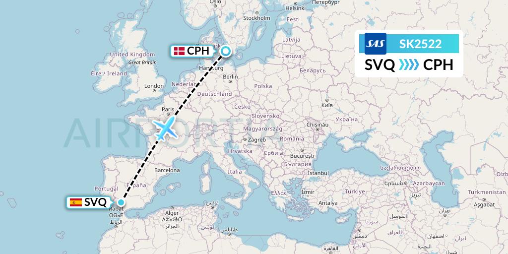 SK2522 SAS Flight Map: Seville to Copenhagen