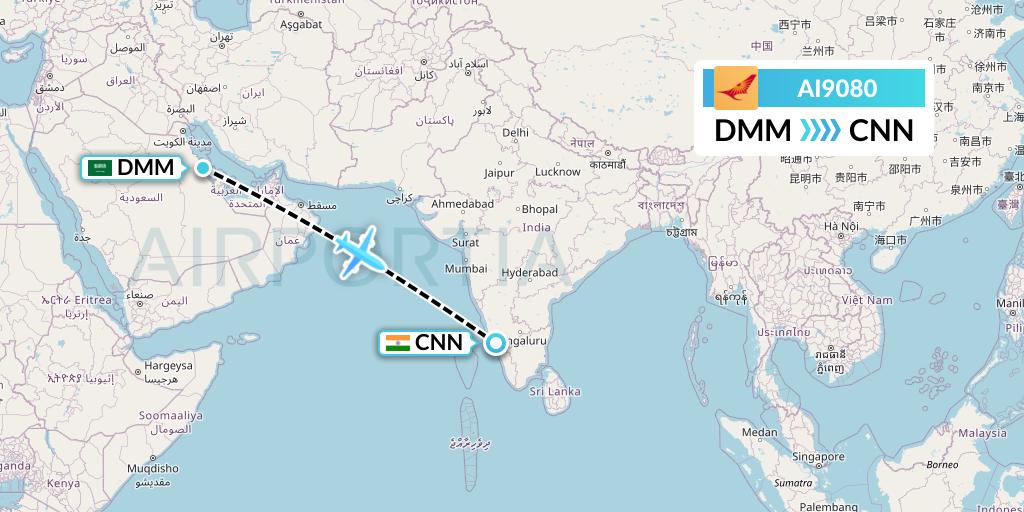 AI9080 Air India Flight Map: Dammam to Mattannur