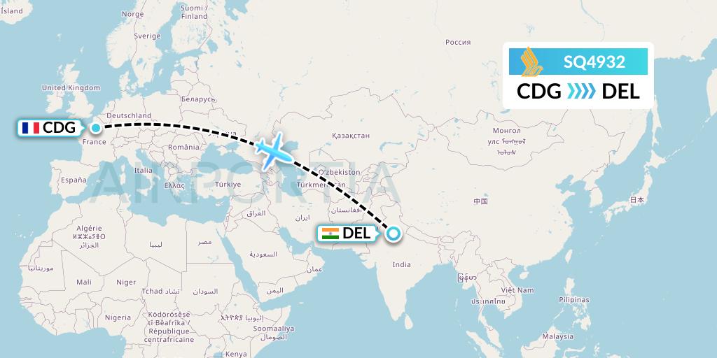 SQ4932 Singapore Airlines Flight Map: Paris to Delhi