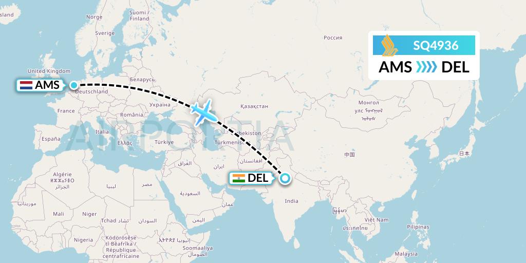 SQ4936 Singapore Airlines Flight Map: Amsterdam to Delhi
