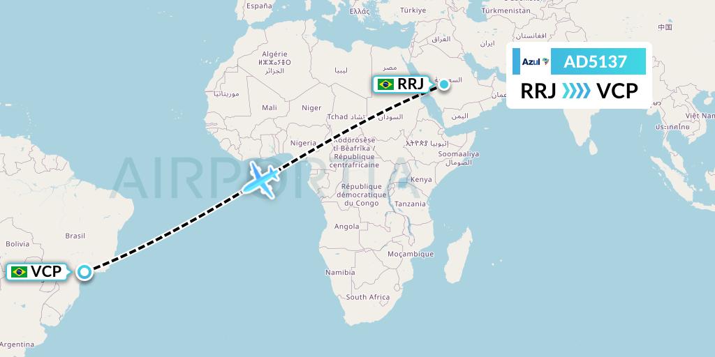 AD5137 Azul Brazilian Airlines Flight Map: Rio de Janeiro to Campinas