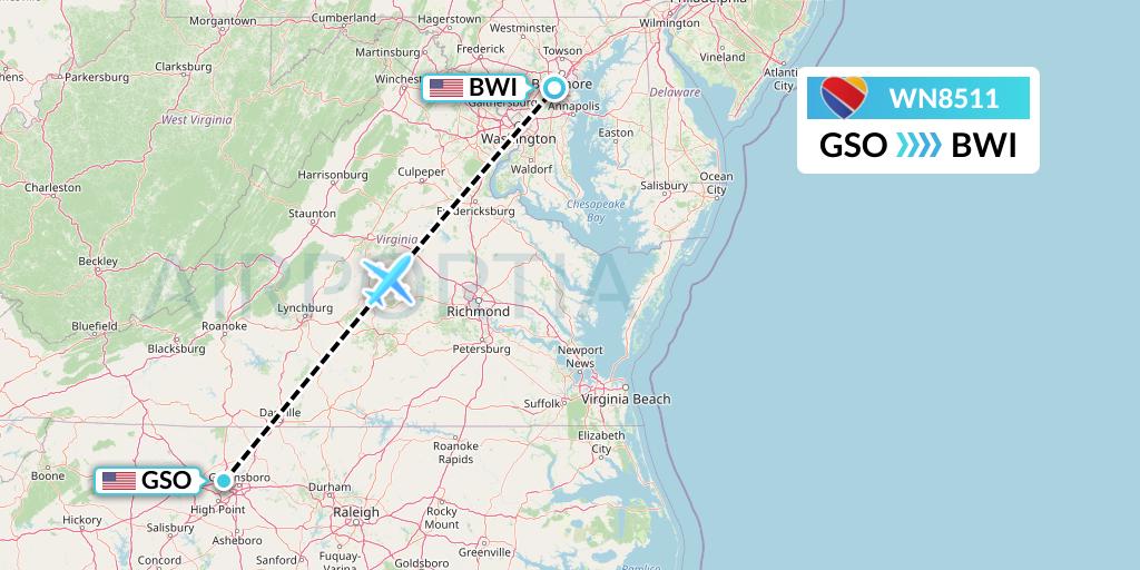 WN8511 Southwest Airlines Flight Map: Greensboro to Baltimore