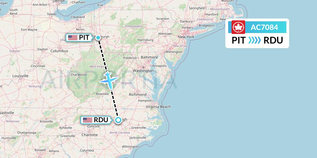 AC7084 Air Canada Flight Map: Pittsburgh to Raleigh-Durham