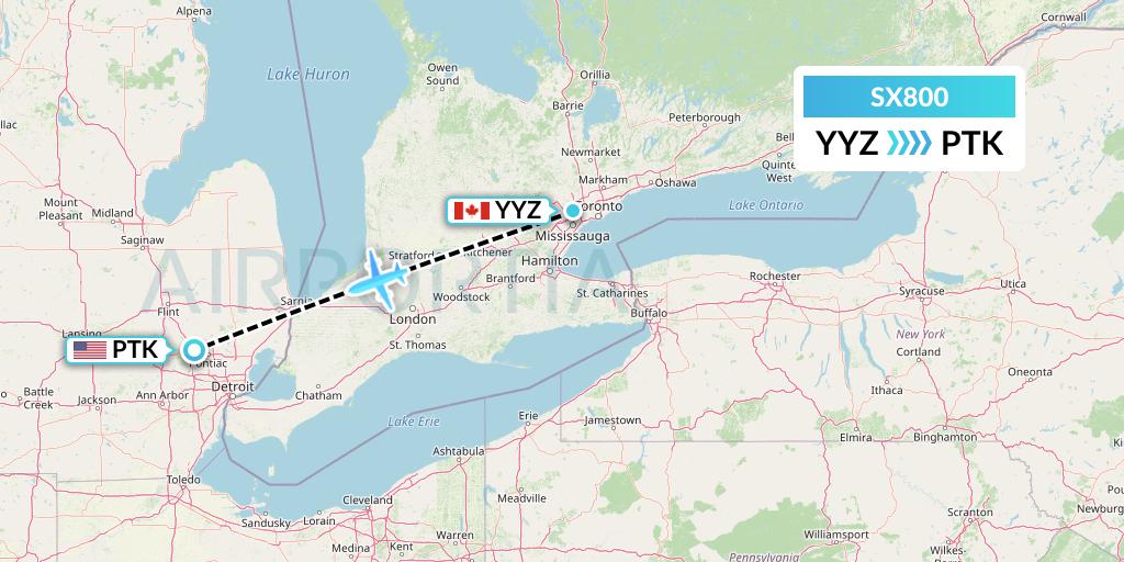 SX800 Flygta Airlines Flight Map: Toronto to Oakland County