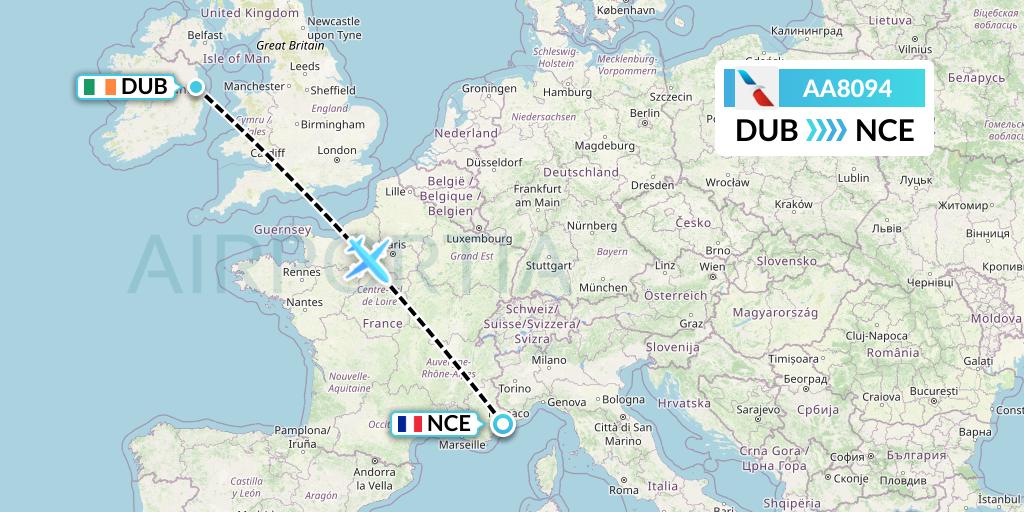 AA8094 American Airlines Flight Map: Dublin to Nice
