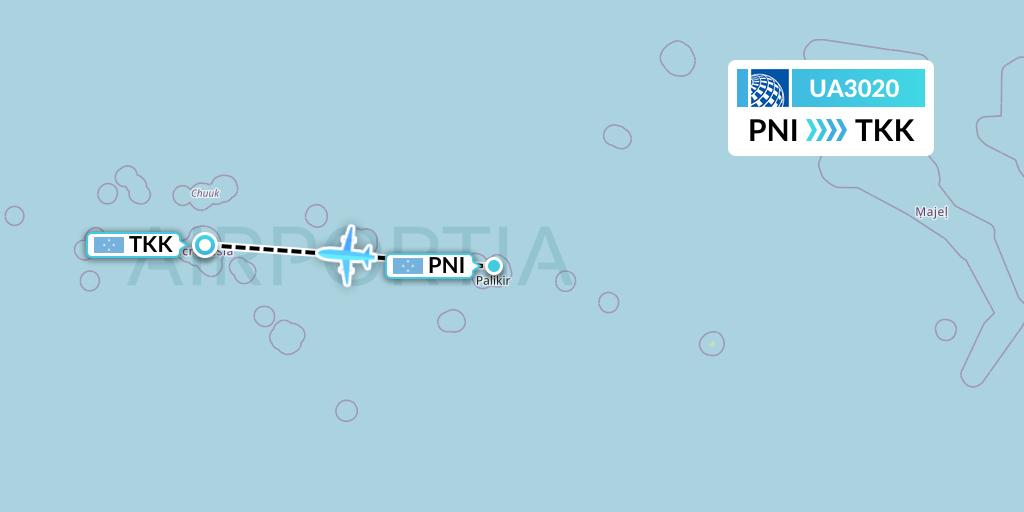UA3020 United Airlines Flight Map: Pohnpei to Chuuk