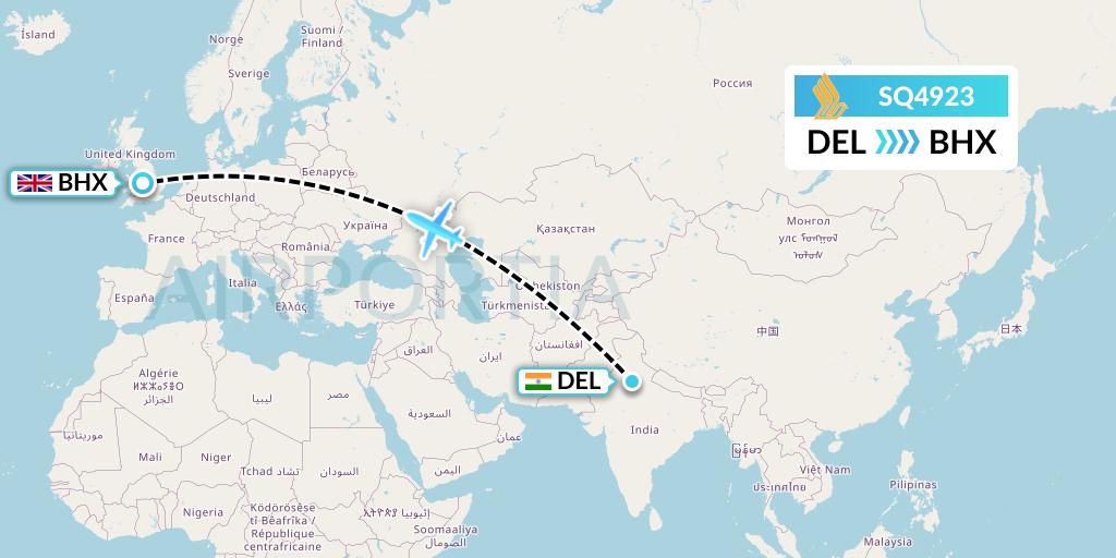 SQ4923 Singapore Airlines Flight Map: Delhi to Birmingham