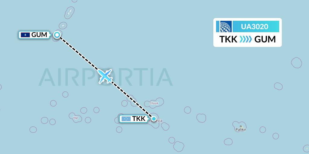 UA3020 United Airlines Flight Map: Chuuk to Guam
