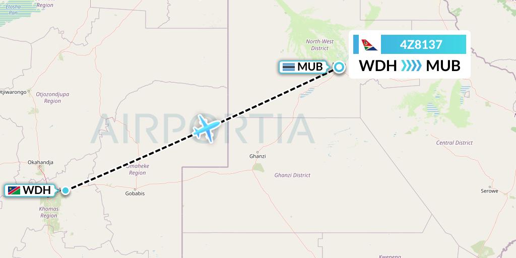 4Z8137 Airlink Flight Map: Windhoek to Maun