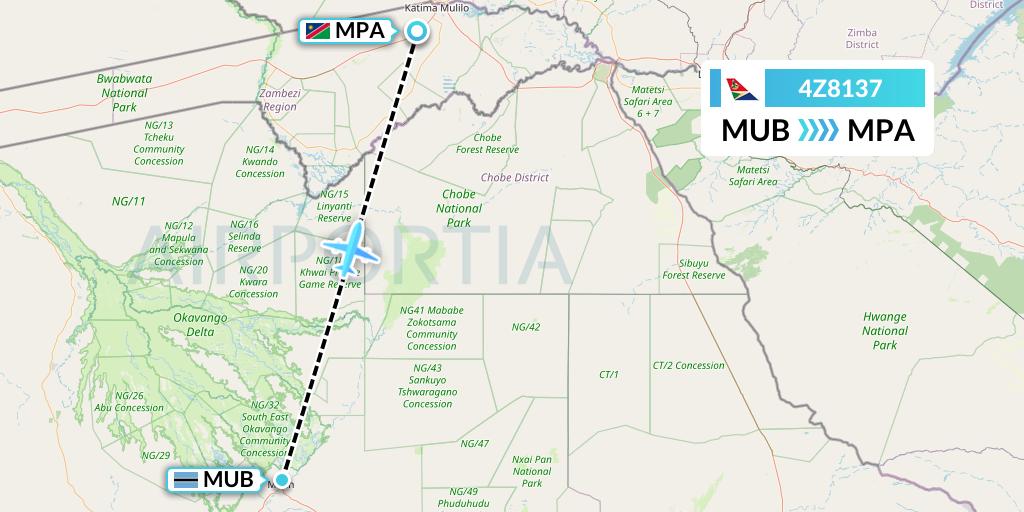 4Z8137 Airlink Flight Map: Maun to Mpacha