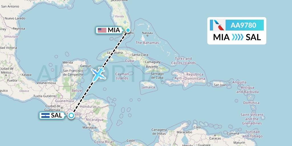 AA9780 American Airlines Flight Map: Miami to San Salvador