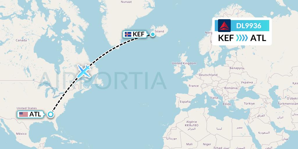 DL9936 Delta Air Lines Flight Map: Reykjavik to Atlanta