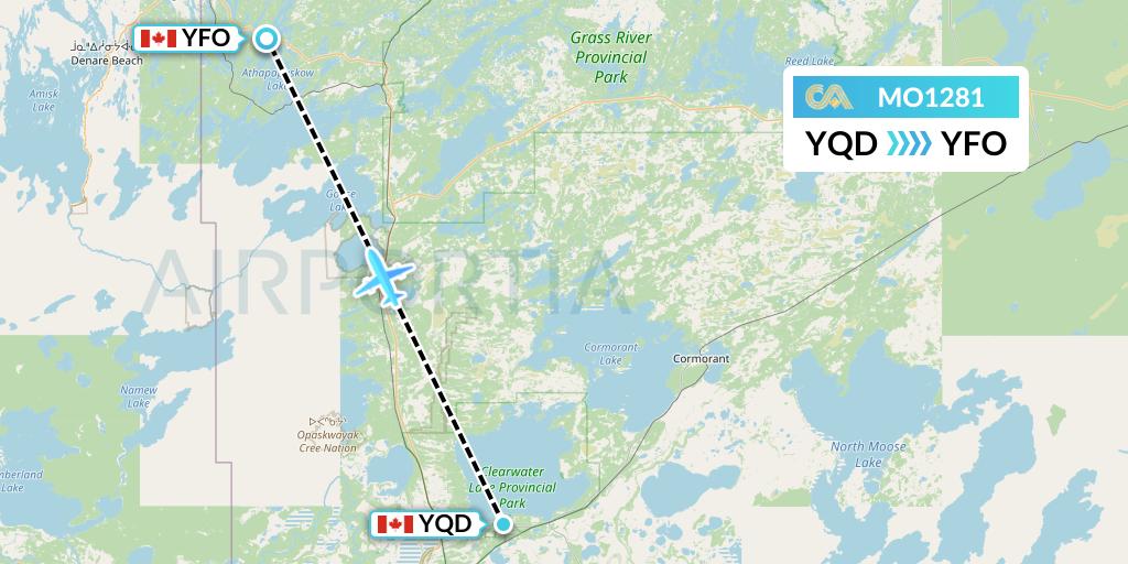 MO1281 Calm Air Flight Map: The Pas to Flin Flon