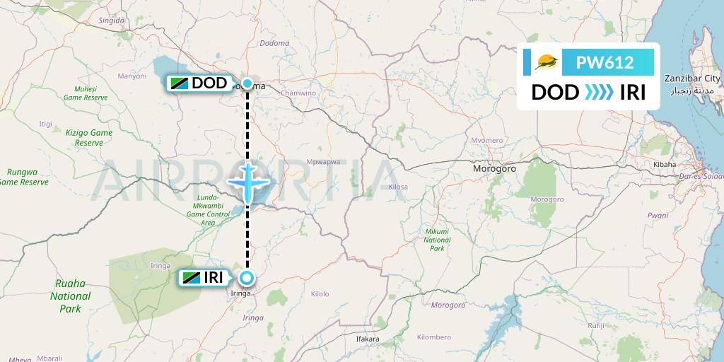 PW612 Precision Air Flight Map: Dodoma to Nduli