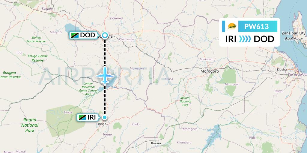PW613 Precision Air Flight Map: Nduli to Dodoma
