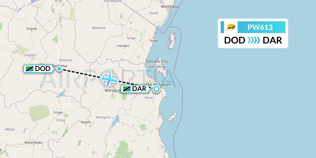 PW613 Precision Air Flight Map: Dodoma to Dar-es-Salaam