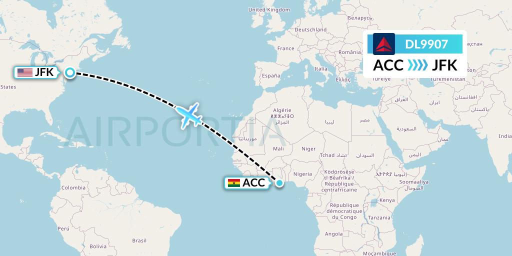 DL9907 Delta Air Lines Flight Map: Accra to New York