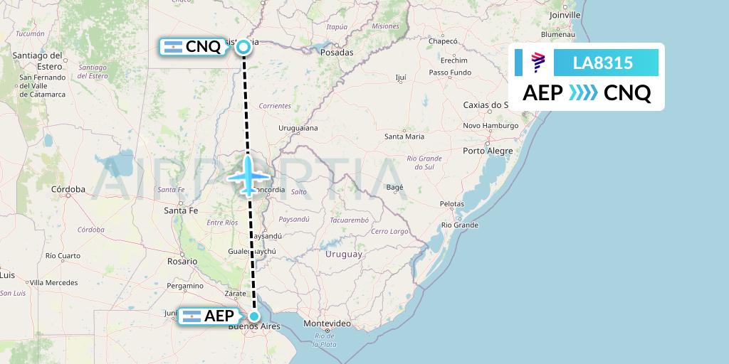 LA8315 LAN Airlines Flight Map: Buenos Aires to Corrientes