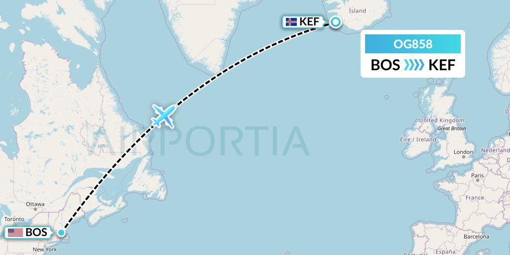 OG858 Fly Play Flight Map: Boston to Reykjavik