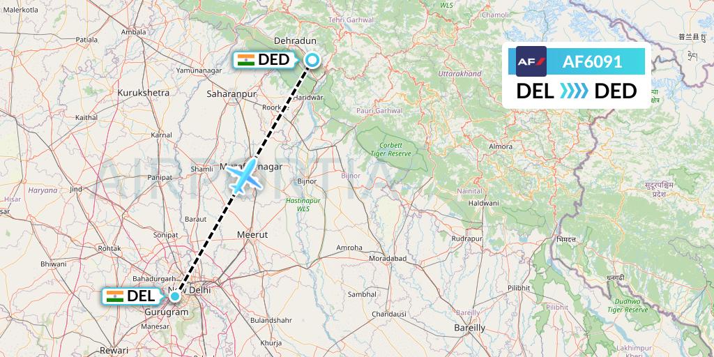 AF6091 Air France Flight Map: Delhi to Dehradun
