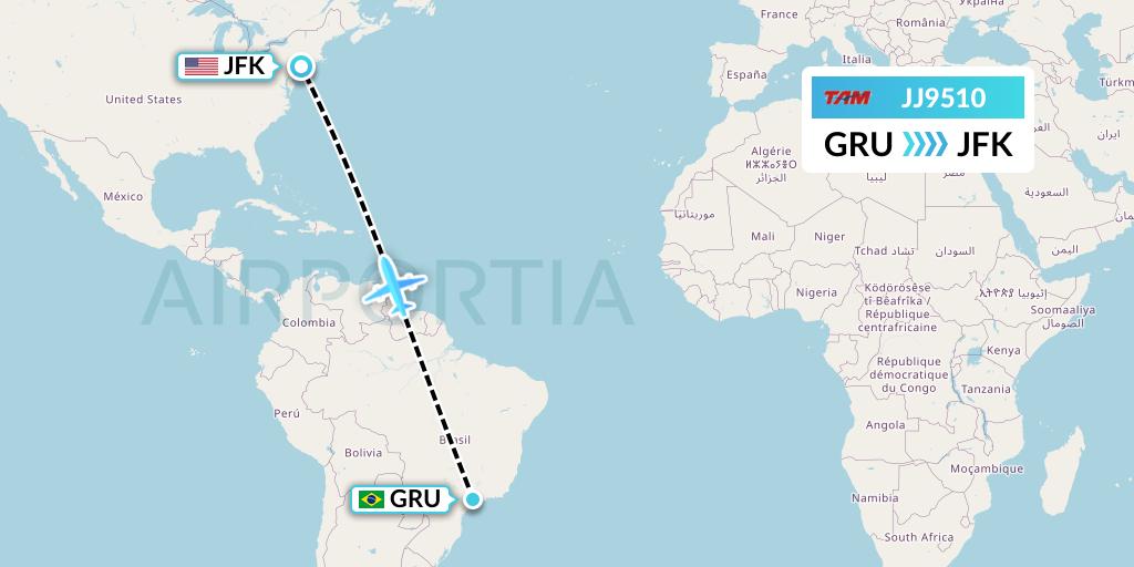 JJ9510 TAM Linhas Aereas Flight Map: Sao Paulo to New York