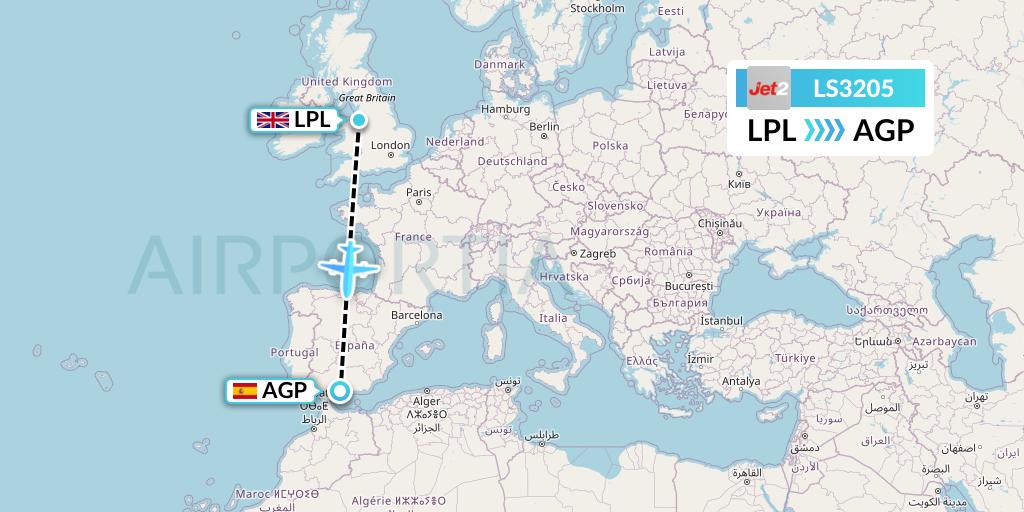 LS3205 Jet2 Flight Map: Liverpool to Malaga