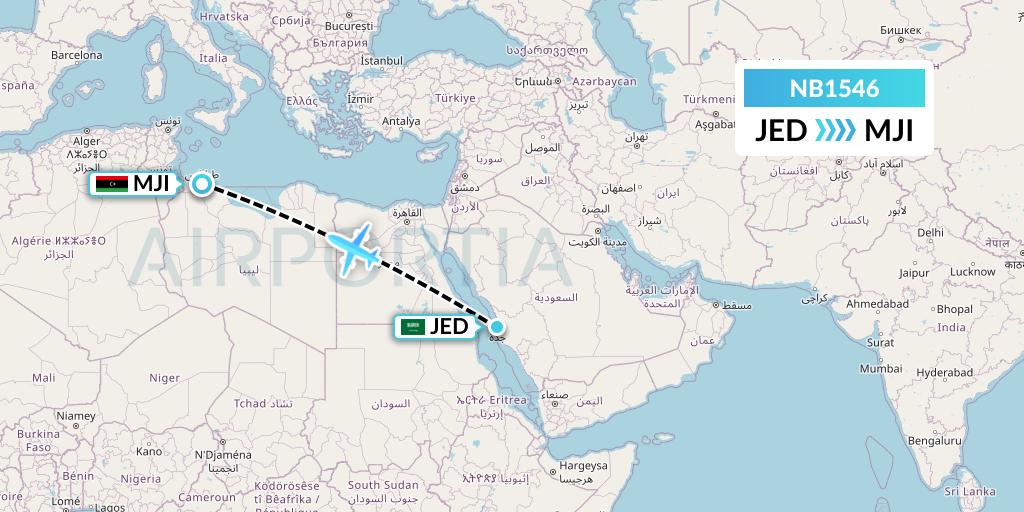 NB1546 Berniq Airways Flight Map: Jeddah to Tripoli