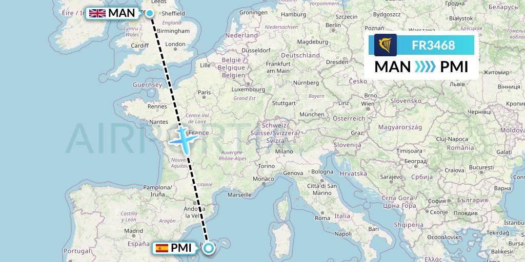FR3468 Ryanair Flight Map: Manchester to Palma de Mallorca
