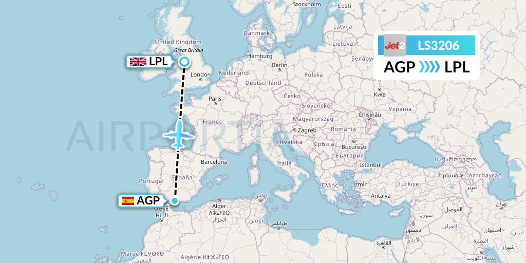 LS3206 Jet2 Flight Map: Malaga to Liverpool