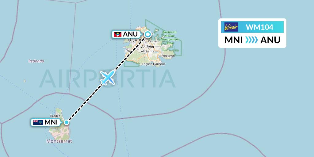 WM104 Winair Flight Map: Plymouth to Antigua