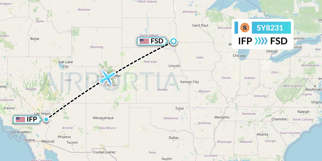 SY8231 Sun Country Airlines Flight Map: Bullhead City to Sioux Falls
