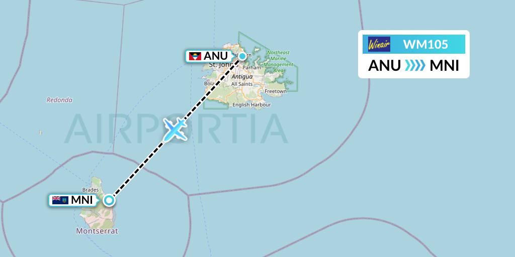 WM105 Winair Flight Map: Antigua to Plymouth