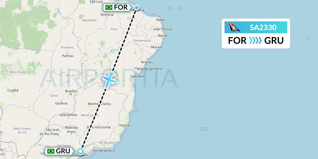 SA2330 South African Airways Flight Map: Fortaleza to Sao Paulo